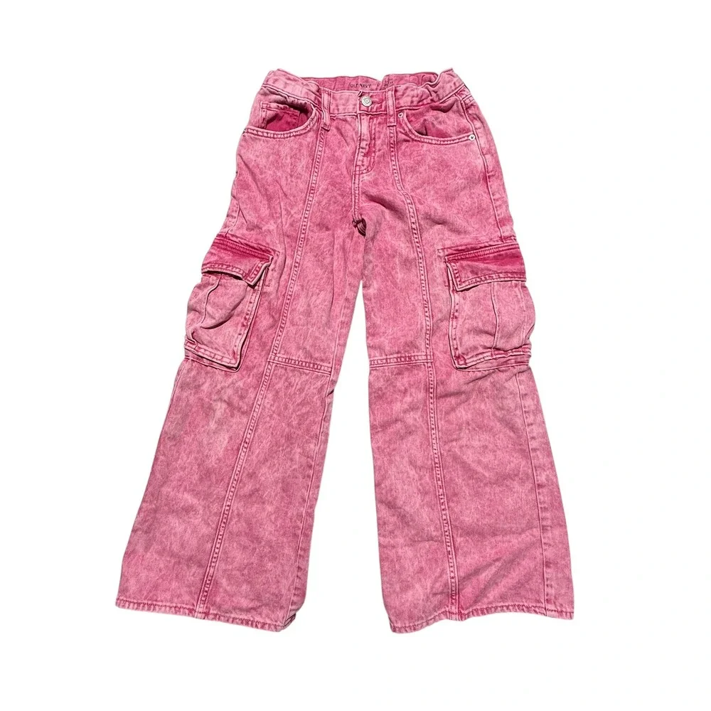 Old Navy Girls Pink Acid Wash Cargo Jeans High Rise Wide Leg Size 10
